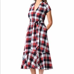 Cotton Twill Check Blouson Sash Tie Dress